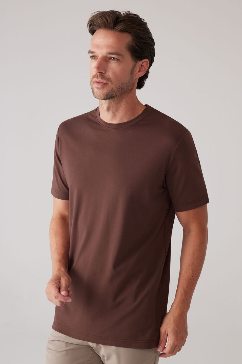 Erkek Kahverengi Regular Fit Bisiklet Yaka T-shirt - 3