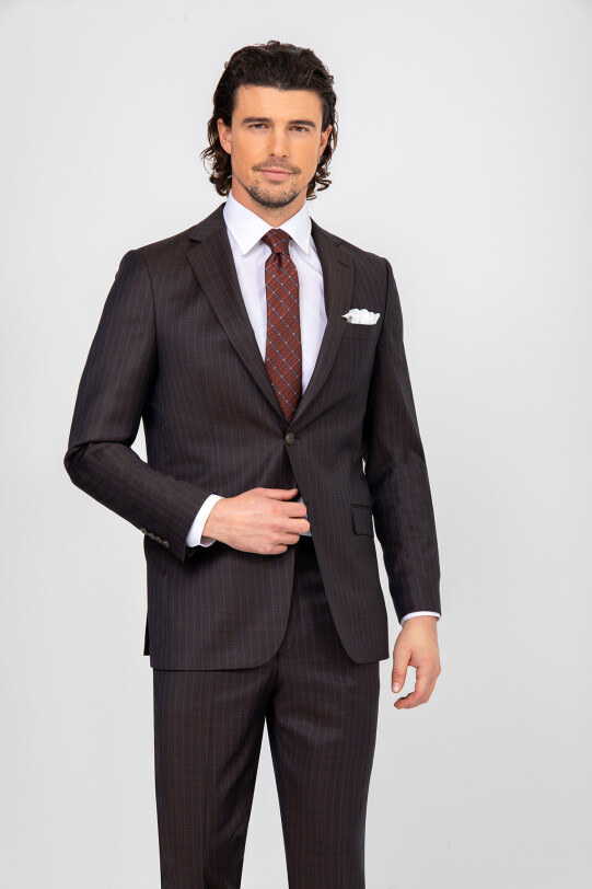 Erkek Kahverengi Regular Fit Çizgili Takım Elbise