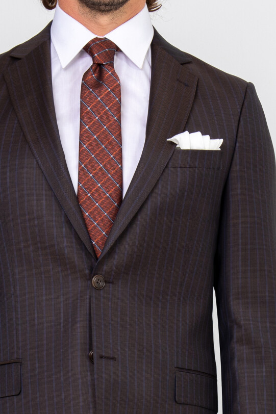 Erkek Kahverengi Regular Fit Çizgili Takım Elbise