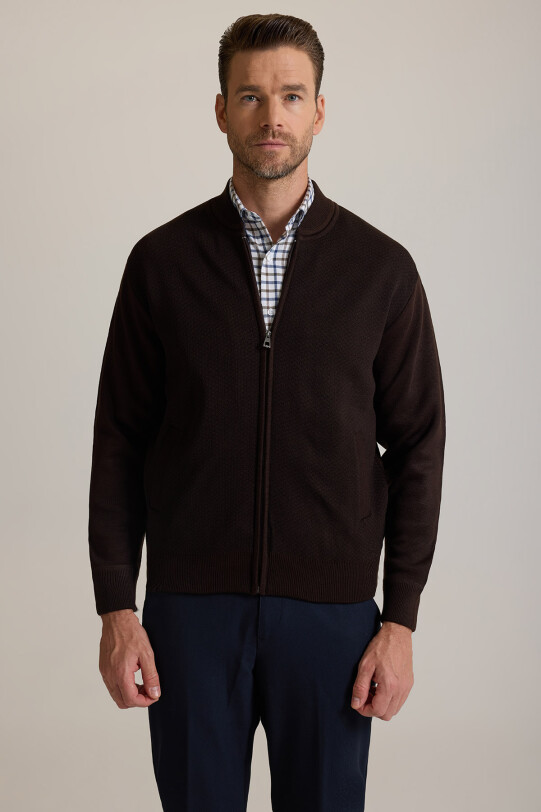 Erkek Kahverengi Regular Fit Desenli Triko Hırka