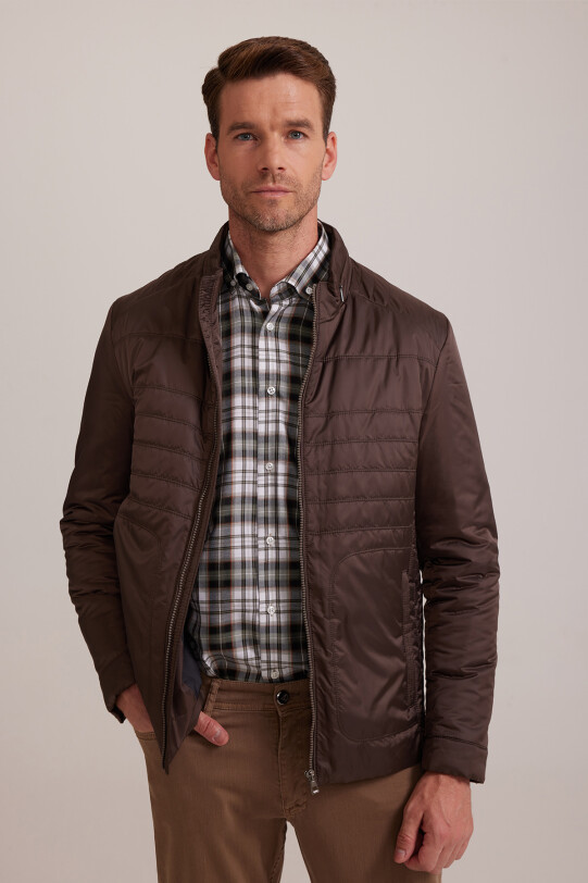 Erkek Kahverengi Regular Fit Kışlık Spor Gizli Kapüşon Mont