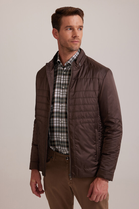 Erkek Kahverengi Regular Fit Kışlık Spor Gizli Kapüşon Mont