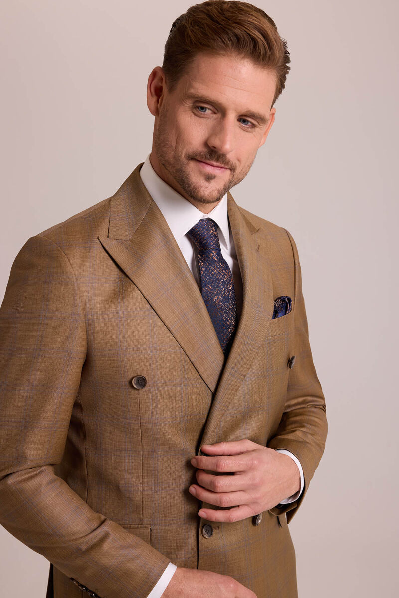Erkek Kahverengi Regular Fit Kruvaze Takım Elbise - 4