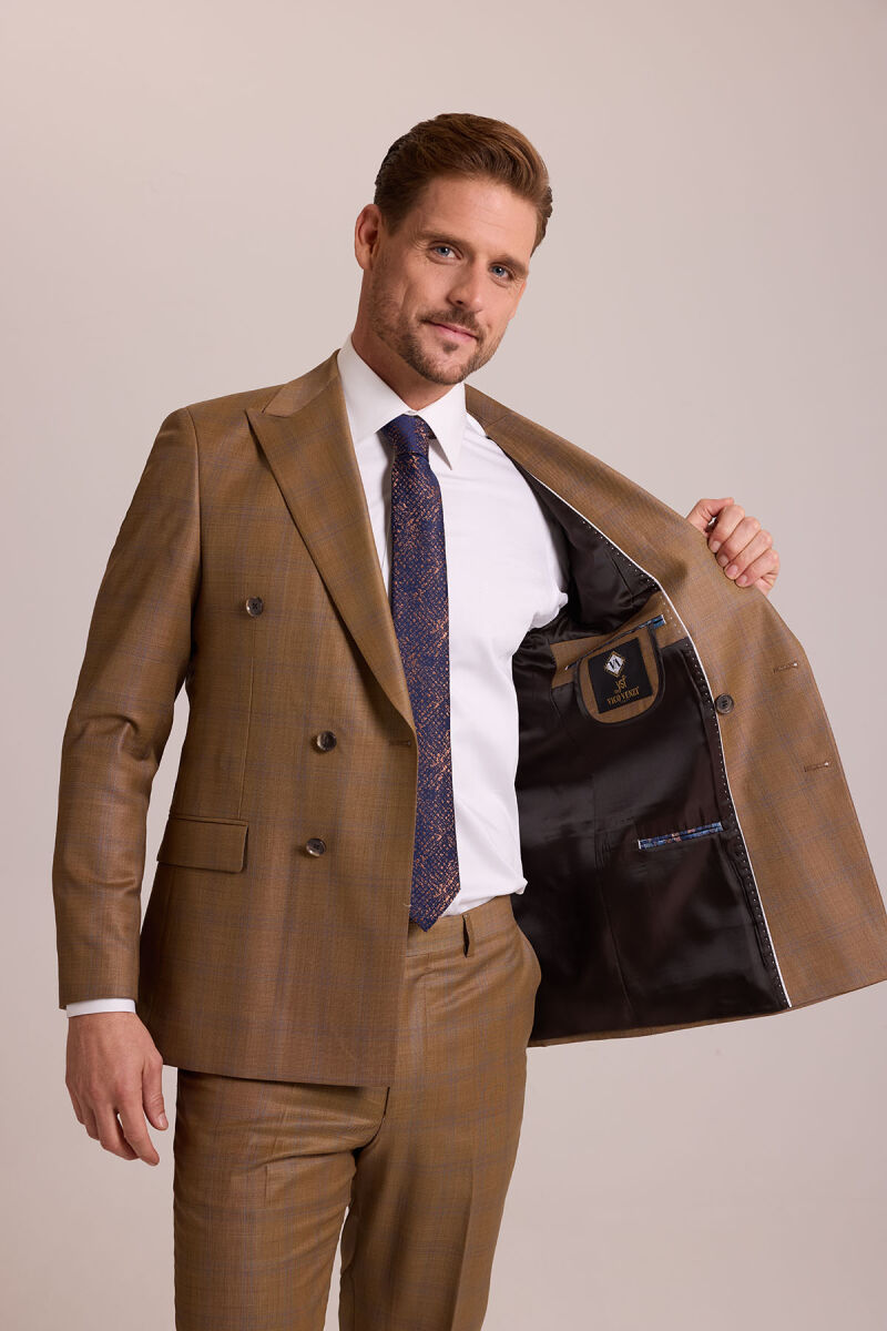 Erkek Kahverengi Regular Fit Kruvaze Takım Elbise - 6