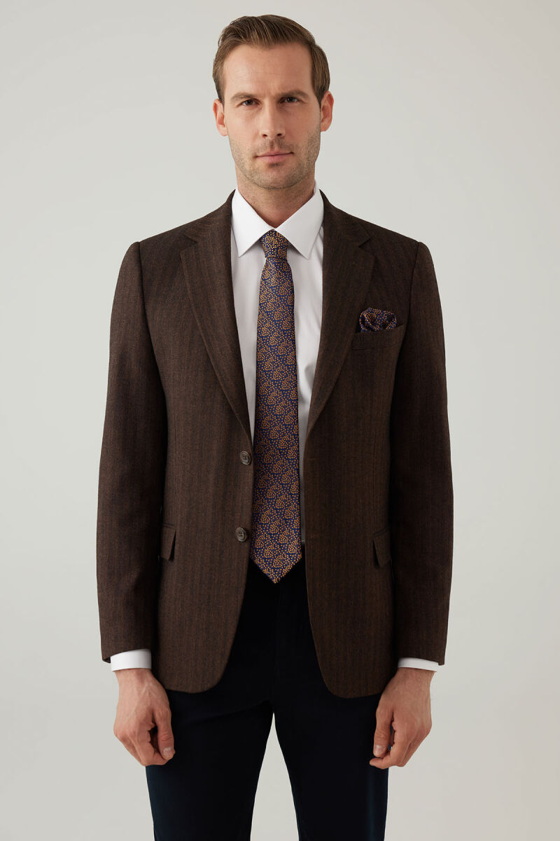 Erkek Kahverengi Regular Fit Mono Yaka Çizgili Yün Karışımlı Ceket - 1