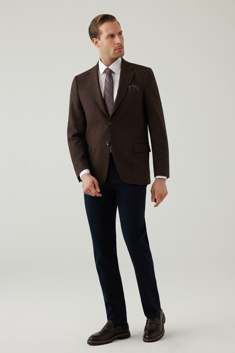 Erkek Kahverengi Regular Fit Mono Yaka Çizgili Yün Karışımlı Ceket - 10