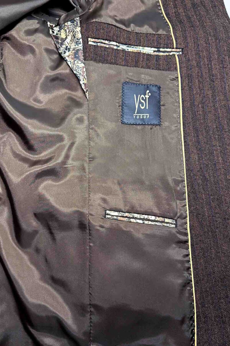 Erkek Kahverengi Regular Fit Mono Yaka Çizgili Yün Karışımlı Ceket - 11