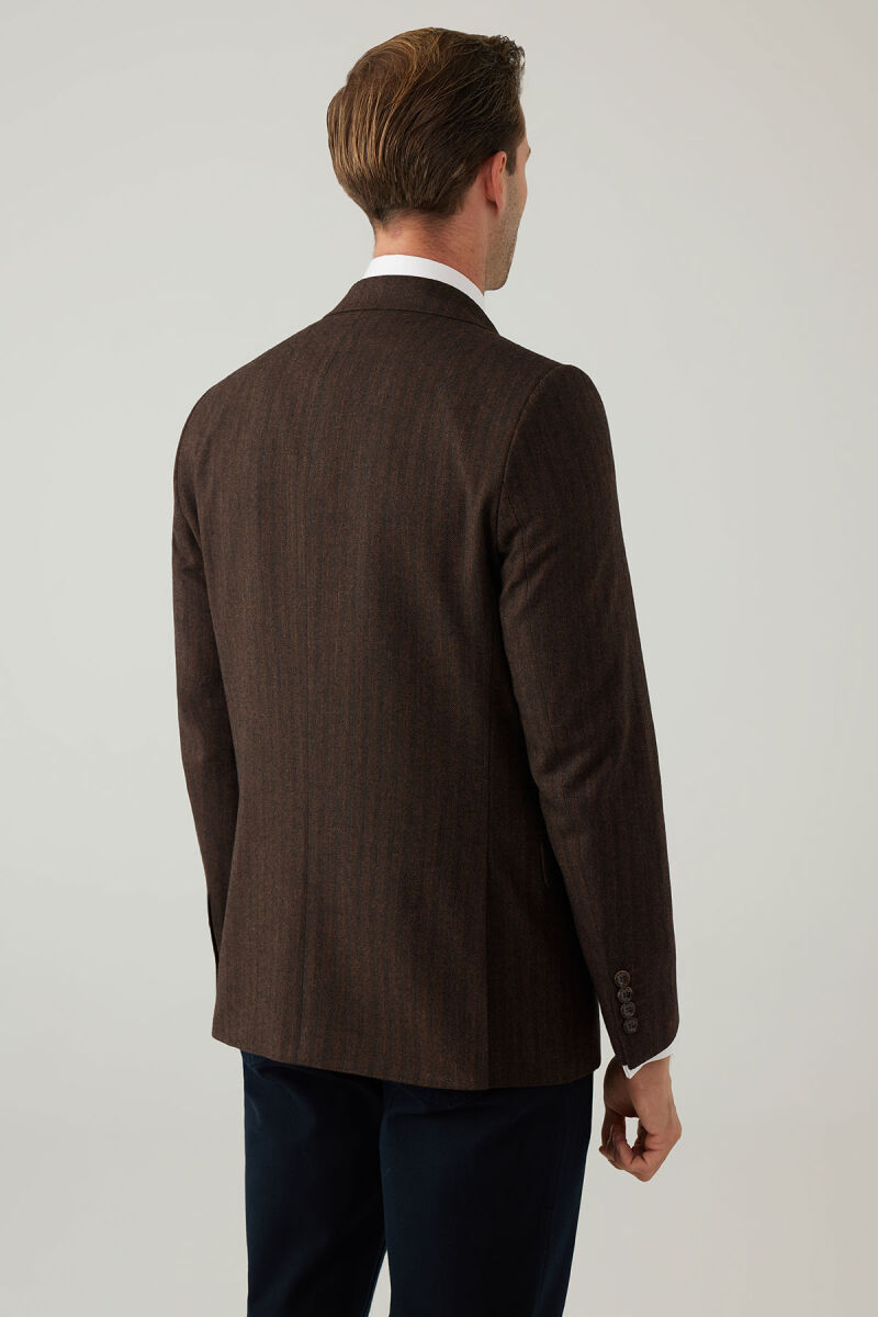 Erkek Kahverengi Regular Fit Mono Yaka Çizgili Yün Karışımlı Ceket - 12