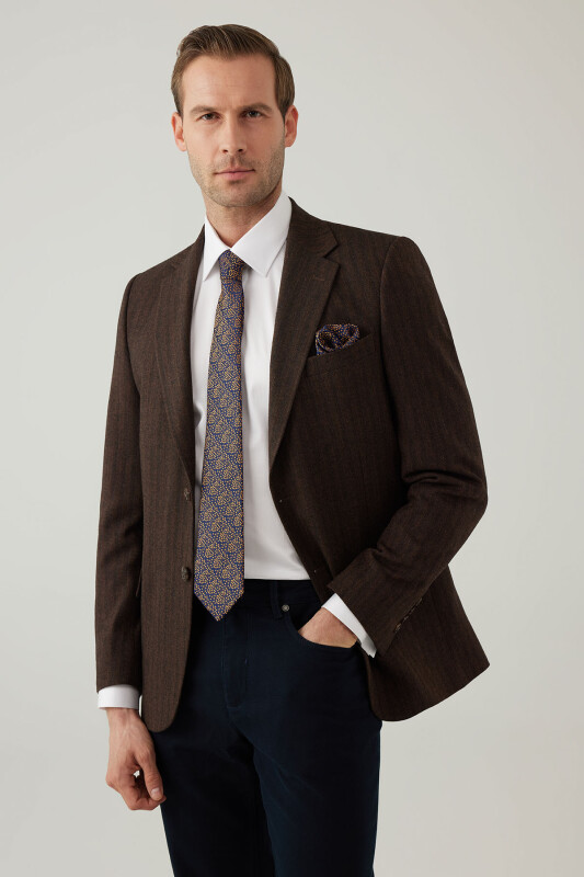 Erkek Kahverengi Regular Fit Mono Yaka Çizgili Yün Karışımlı Ceket