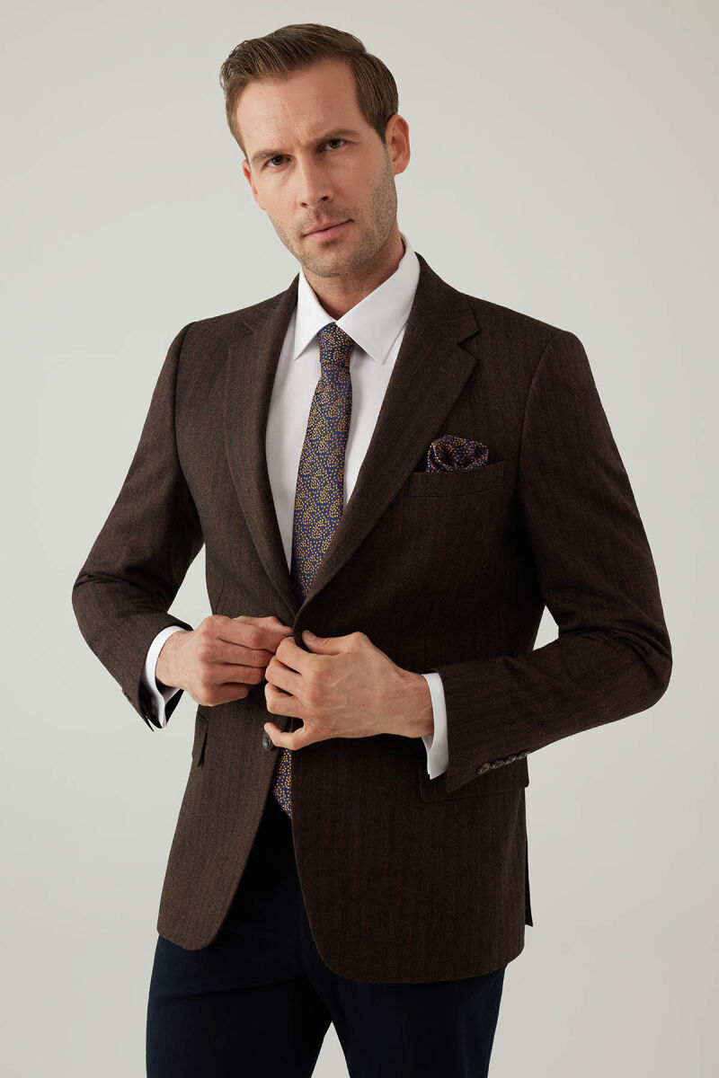 Erkek Kahverengi Regular Fit Mono Yaka Çizgili Yün Karışımlı Ceket - 3