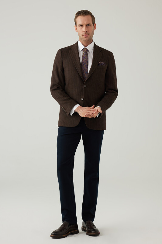 Erkek Kahverengi Regular Fit Mono Yaka Çizgili Yün Karışımlı Ceket