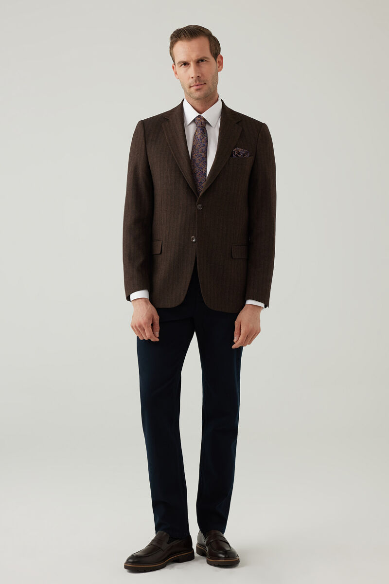 Erkek Kahverengi Regular Fit Mono Yaka Çizgili Yün Karışımlı Ceket - 5