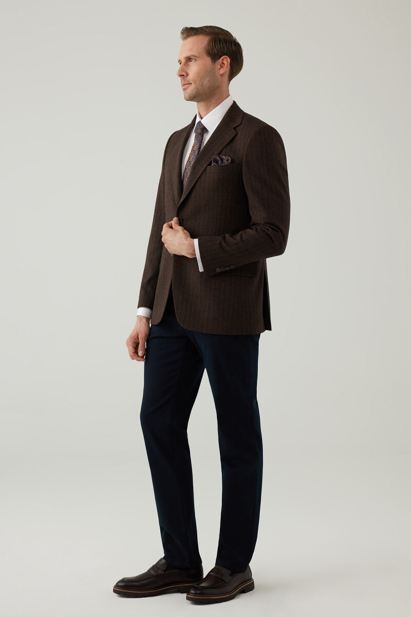 Erkek Kahverengi Regular Fit Mono Yaka Çizgili Yün Karışımlı Ceket - 6