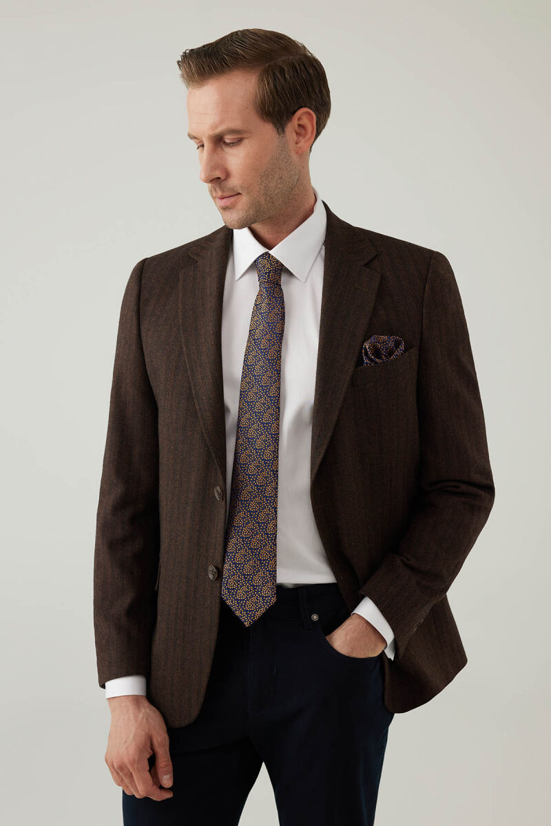 Erkek Kahverengi Regular Fit Mono Yaka Çizgili Yün Karışımlı Ceket - 7
