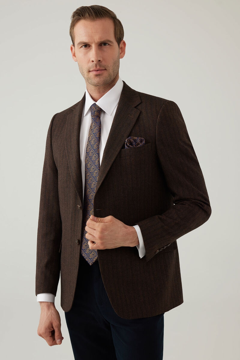 Erkek Kahverengi Regular Fit Mono Yaka Çizgili Yün Karışımlı Ceket - 8