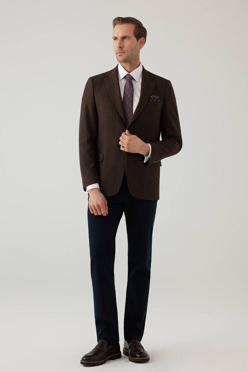 Erkek Kahverengi Regular Fit Mono Yaka Çizgili Yün Karışımlı Ceket - 9