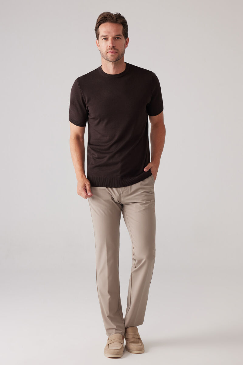 Erkek Kahverengi Slim Fit Bisiklet Yaka Yazlık Triko Tişört - 3