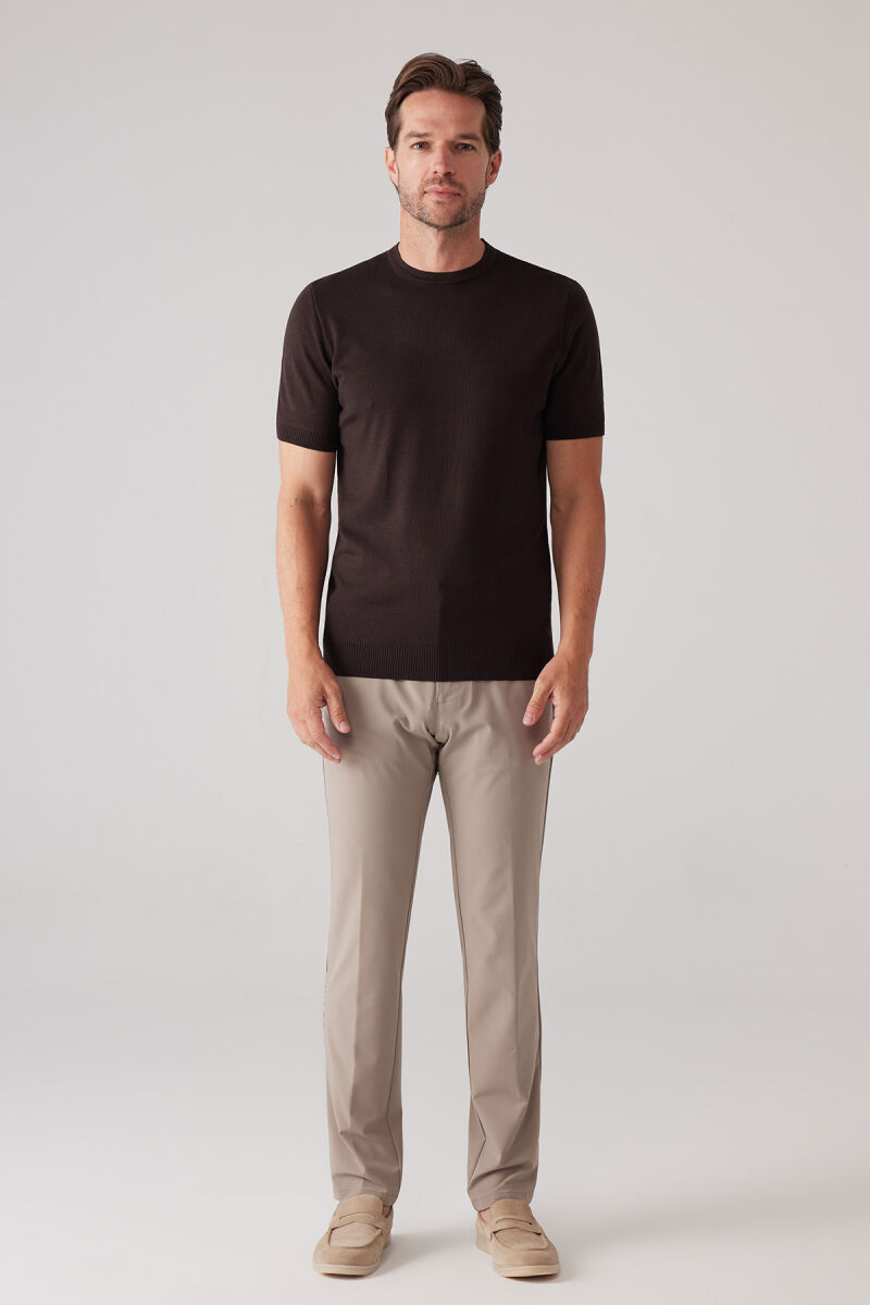 Erkek Kahverengi Slim Fit Bisiklet Yaka Yazlık Triko Tişört - 4