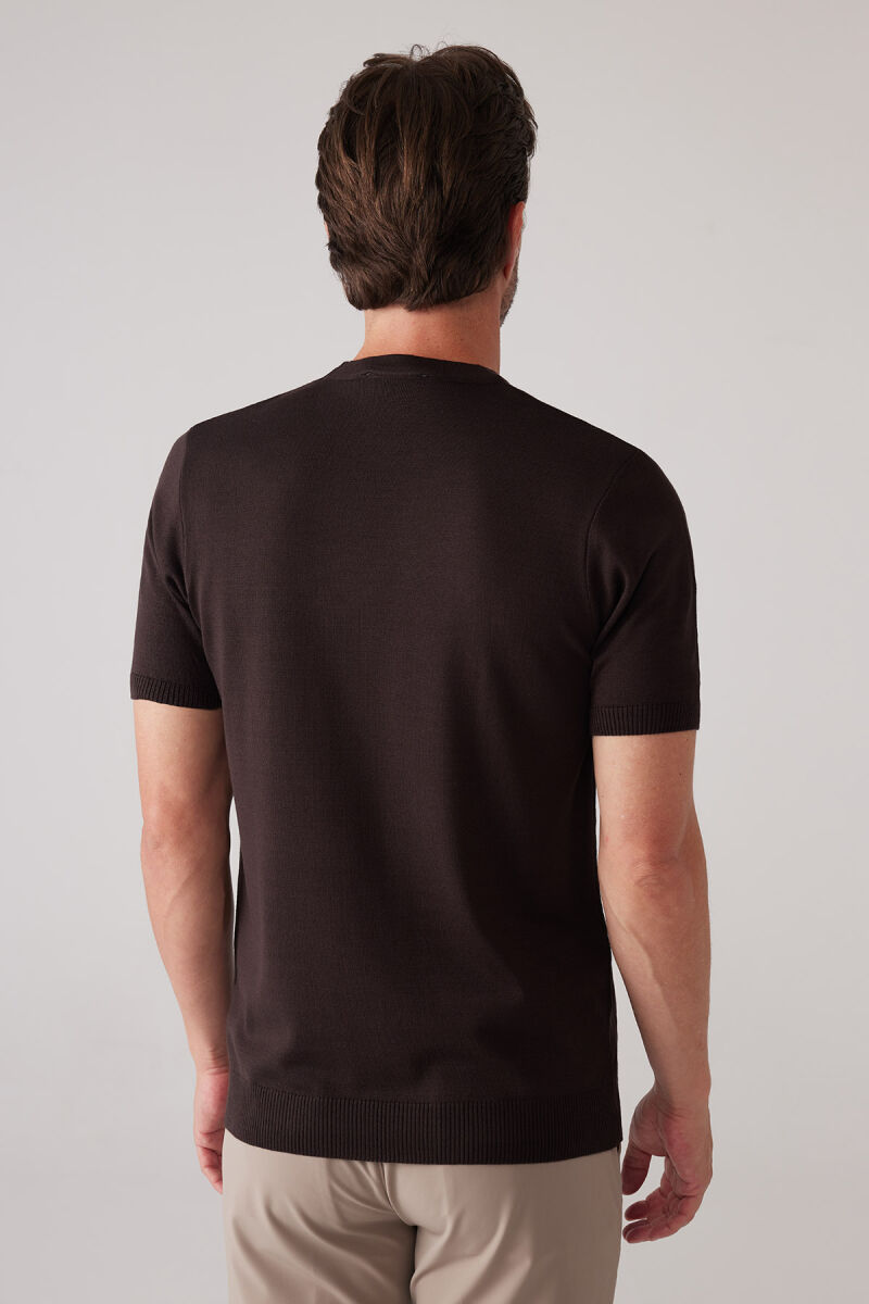 Erkek Kahverengi Slim Fit Bisiklet Yaka Yazlık Triko Tişört - 8