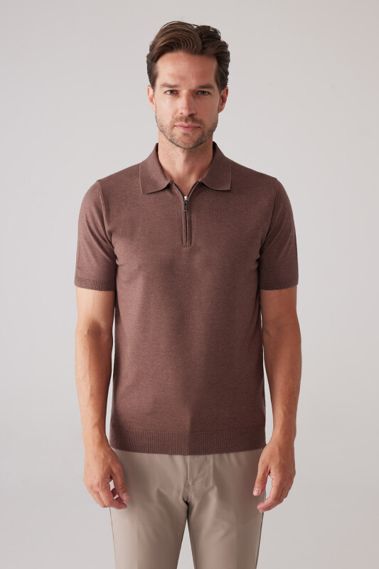 Erkek Kahverengi Slim Fit Yarım Fermuarlı Pamuk-Kaşmir Polo Tişört