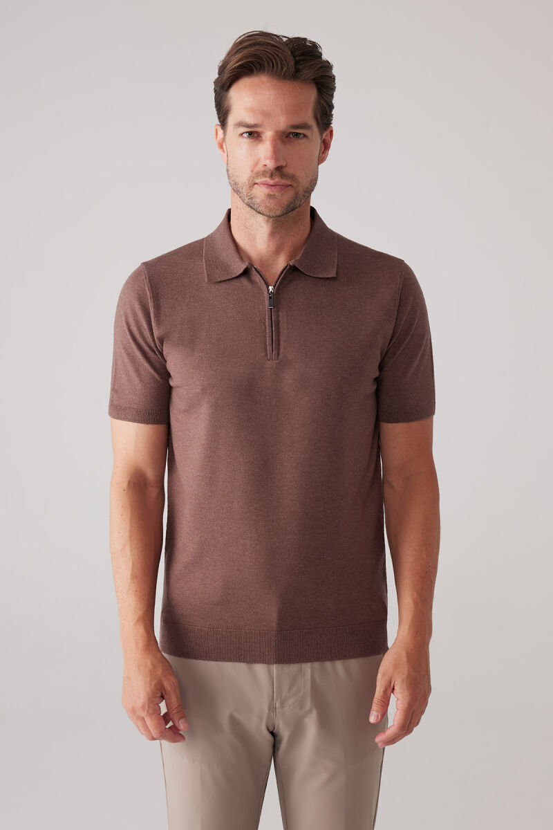 Erkek Kahverengi Slim Fit Yarım Fermuarlı Pamuk-Kaşmir Polo Tişört - 1