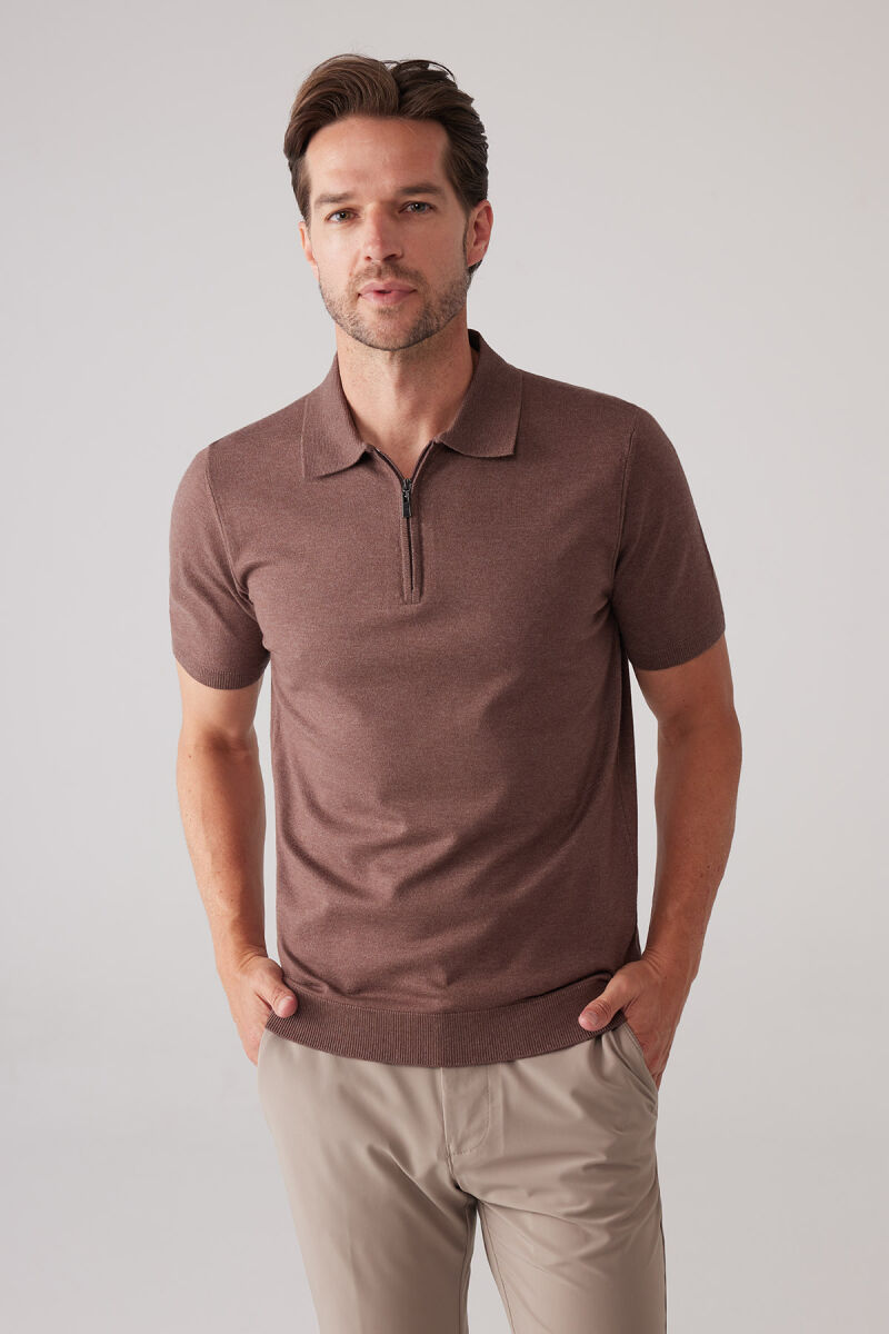 Erkek Kahverengi Slim Fit Yarım Fermuarlı Pamuk-Kaşmir Polo Tişört - 2