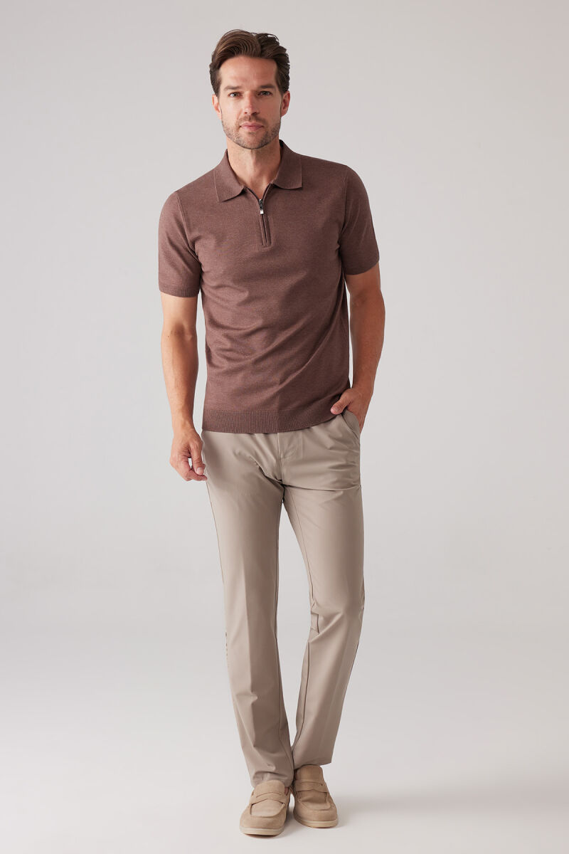 Erkek Kahverengi Slim Fit Yarım Fermuarlı Pamuk-Kaşmir Polo Tişört - 3
