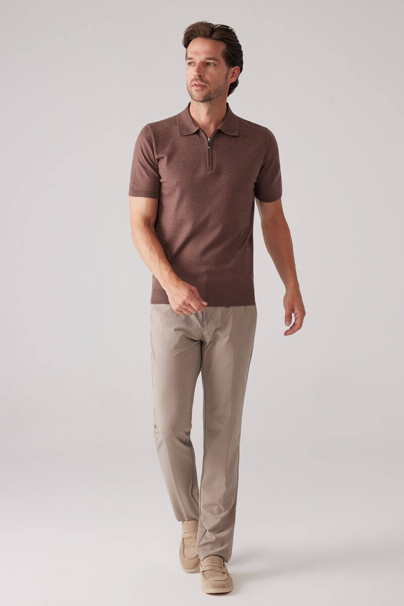 Erkek Kahverengi Slim Fit Yarım Fermuarlı Pamuk-Kaşmir Polo Tişört - 4