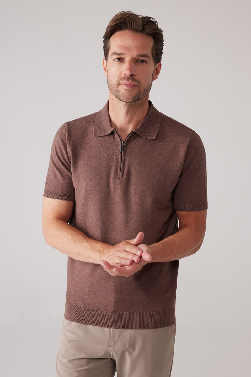 Erkek Kahverengi Slim Fit Yarım Fermuarlı Pamuk-Kaşmir Polo Tişört - 5