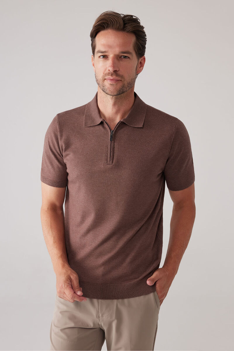 Erkek Kahverengi Slim Fit Yarım Fermuarlı Pamuk-Kaşmir Polo Tişört - 6