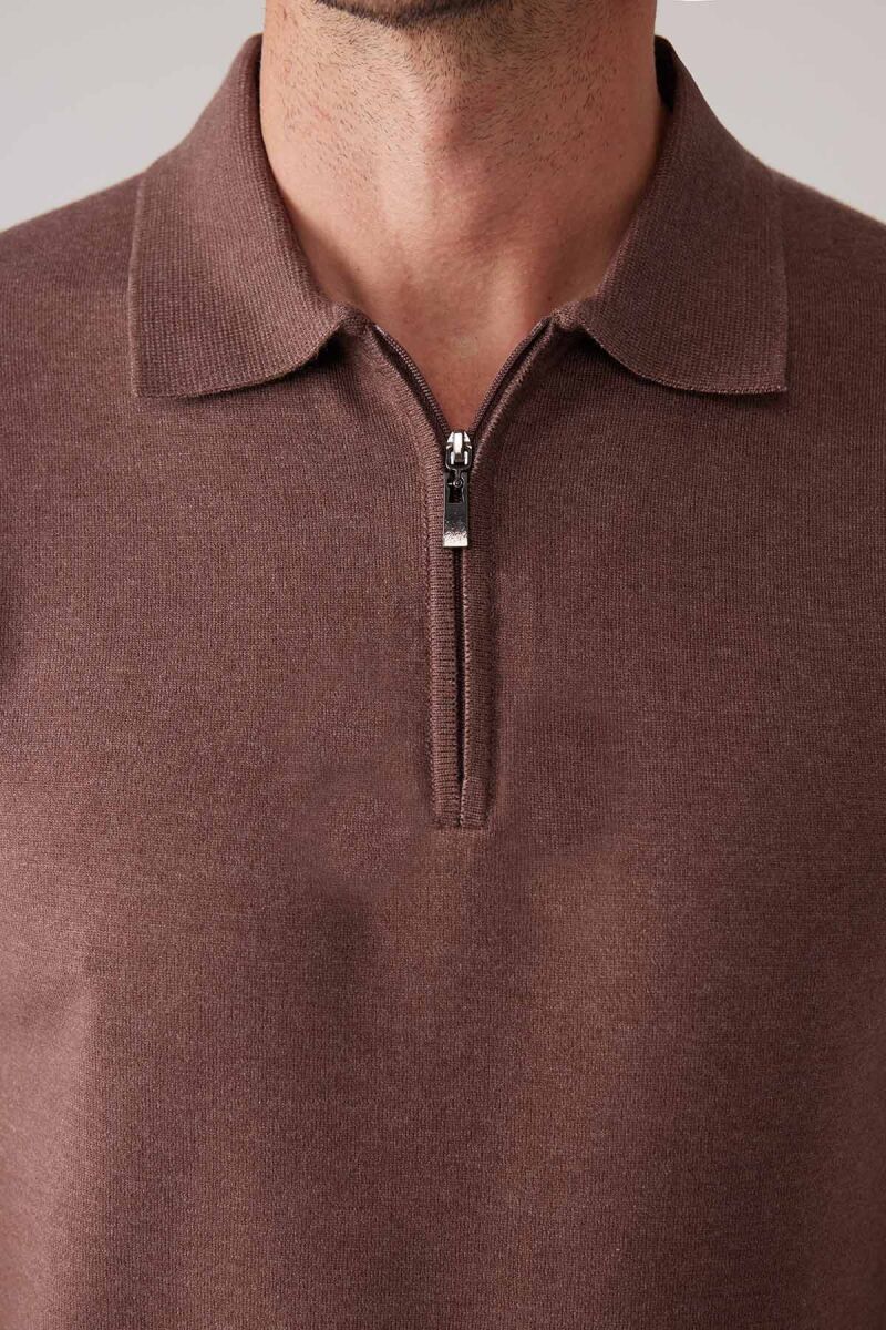 Erkek Kahverengi Slim Fit Yarım Fermuarlı Pamuk-Kaşmir Polo Tişört - 7
