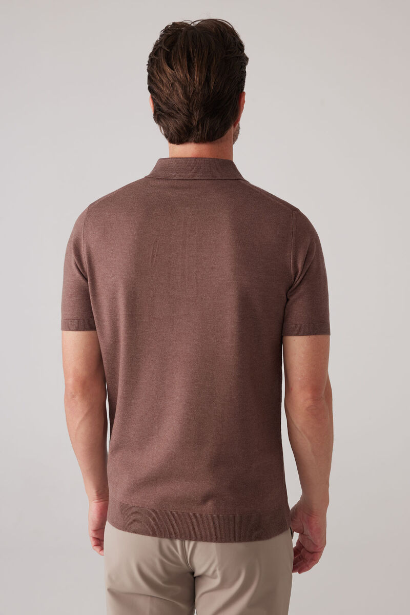 Erkek Kahverengi Slim Fit Yarım Fermuarlı Pamuk-Kaşmir Polo Tişört - 8