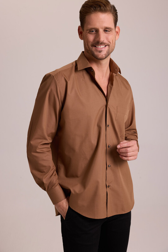 Erkek Kahverengi Uzun Kol Klasik Pamuklu Gömlek