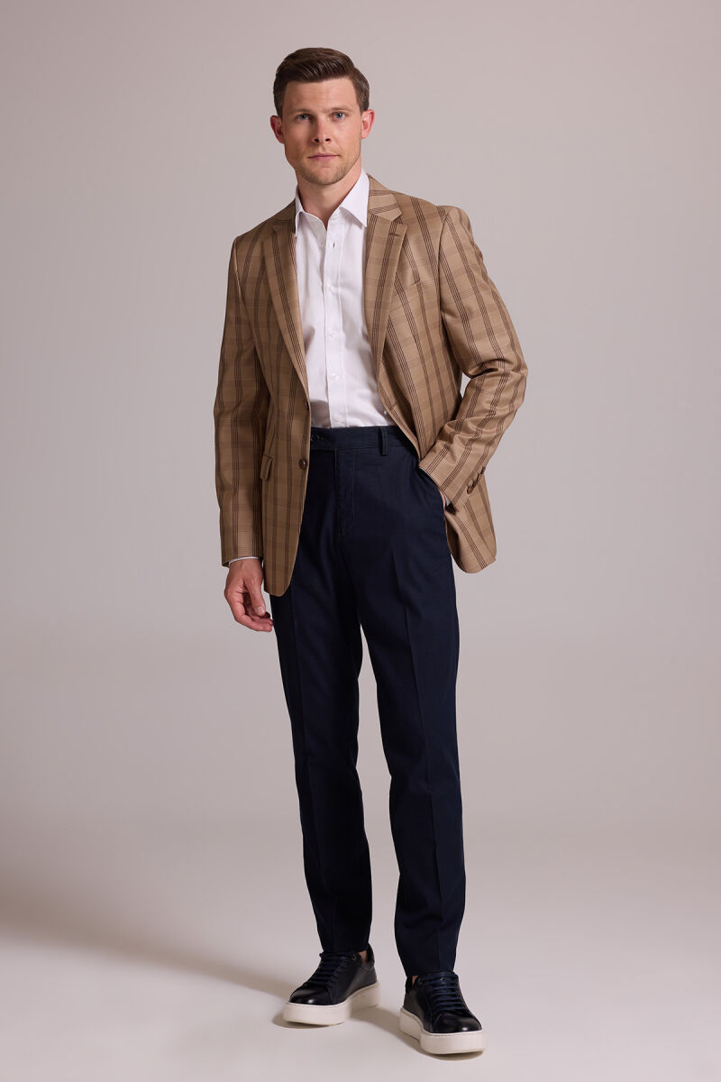 Erkek Kahverengi Yarım Astar Kareli Yünlü Klasik Ceket - 5