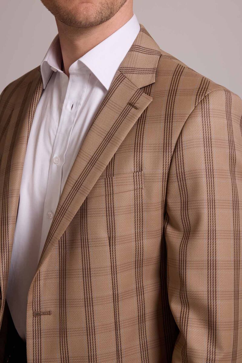 Erkek Kahverengi Yarım Astar Kareli Yünlü Klasik Ceket - 7
