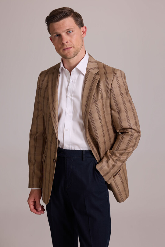 Erkek Kahverengi Yarım Astar Kareli Yünlü Klasik Ceket