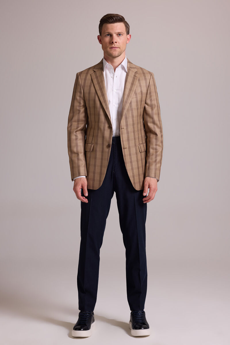 Erkek Kahverengi Yünlü Kareli Klasik Ceket - 6