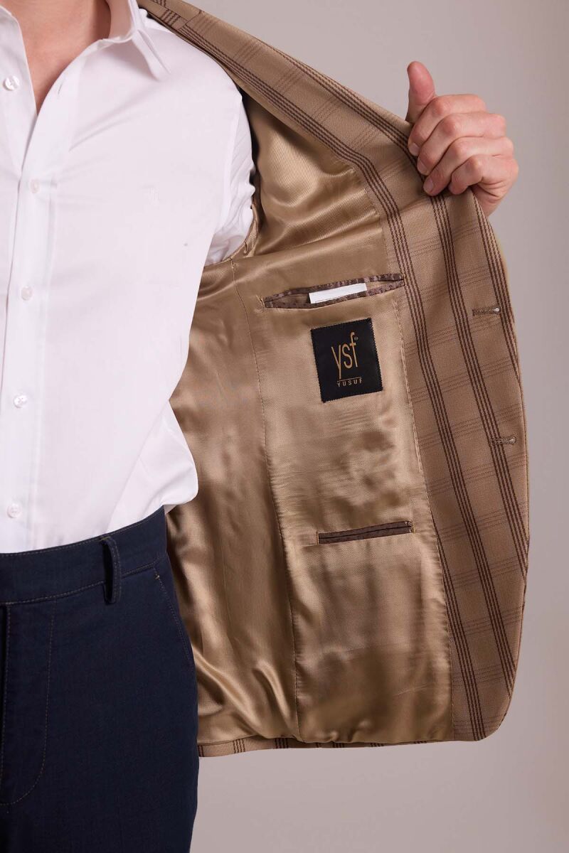 Erkek Kahverengi Yünlü Kareli Klasik Ceket - 8