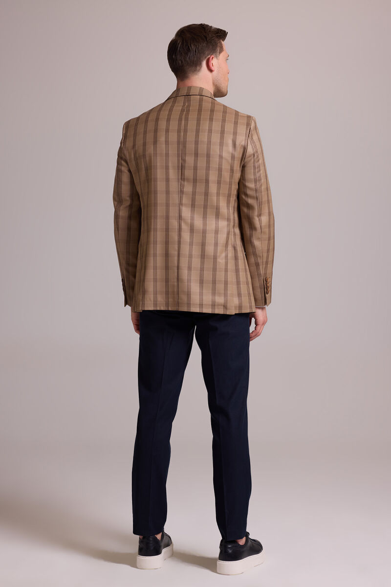 Erkek Kahverengi Yünlü Kareli Klasik Ceket - 9