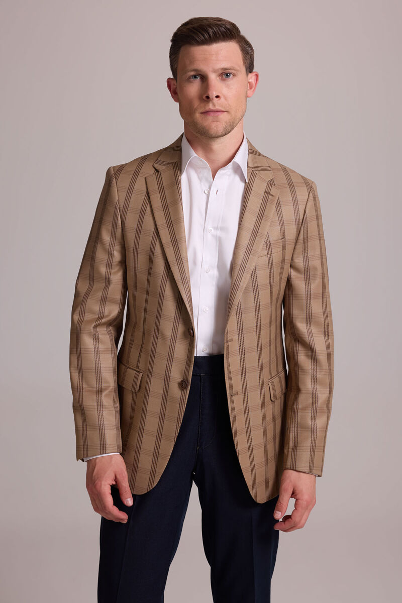 Erkek Kahverengi Yünlü Kareli Klasik Ceket - 1