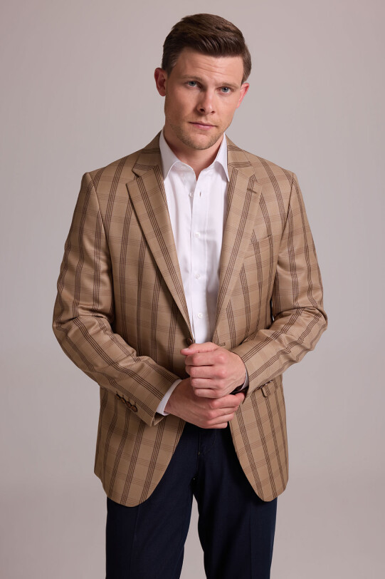 Erkek Kahverengi Yünlü Kareli Klasik Ceket