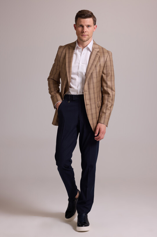 Erkek Kahverengi Yünlü Kareli Klasik Ceket