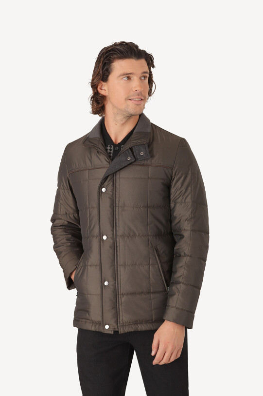 Erkek Haki Yeşil Kareli Klasik Kaban