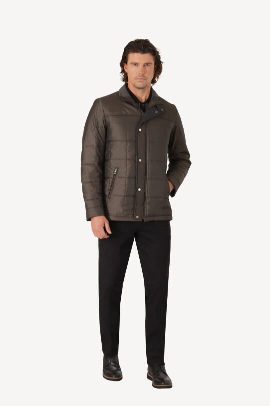 Erkek Haki Yeşil Kareli Klasik Kaban