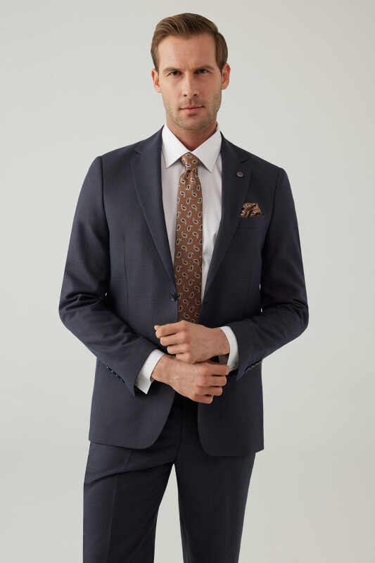 Erkek Lacivert-Kahve Kareli Klasik Takım Elbise