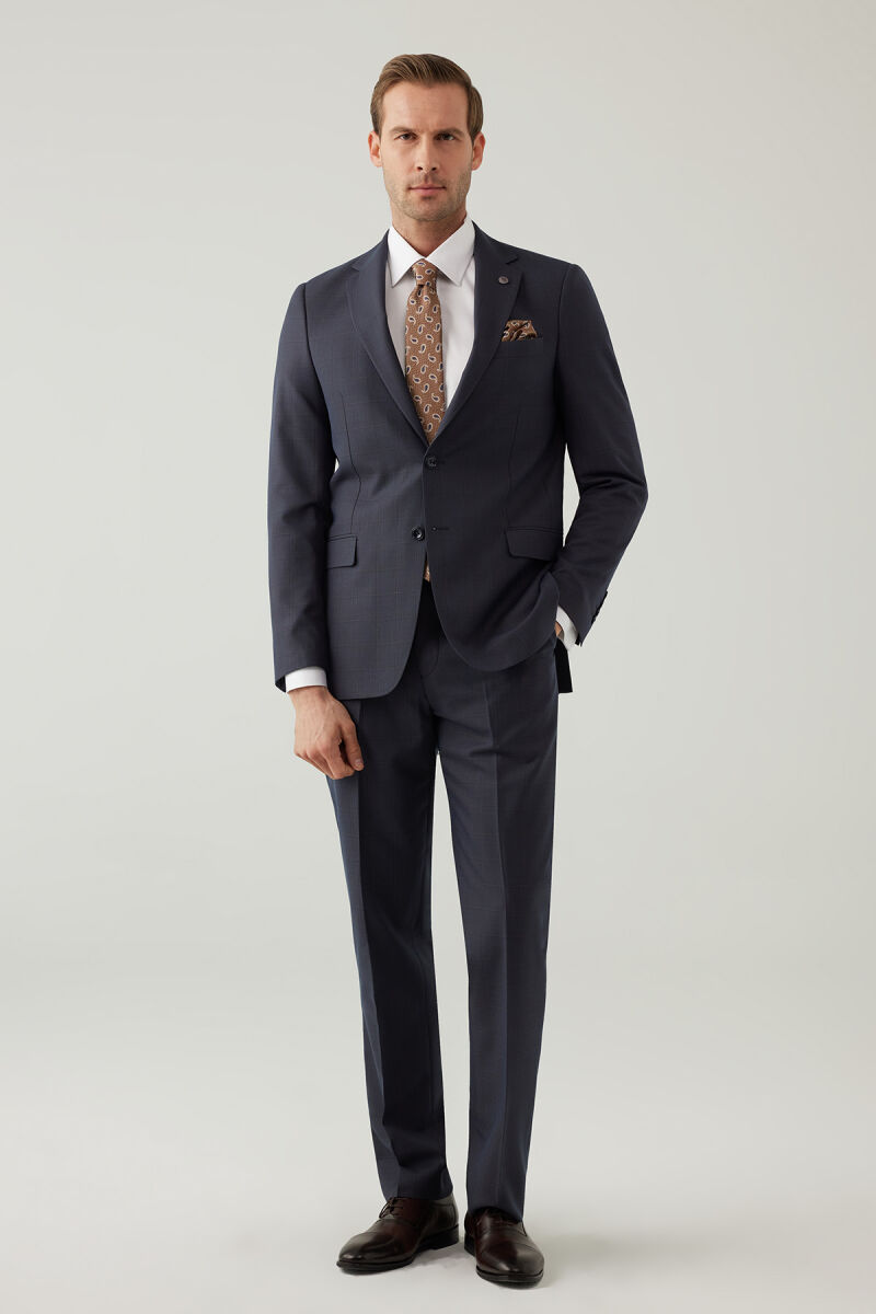 Erkek Lacivert-Kahve Kareli Klasik Takım Elbise - 3