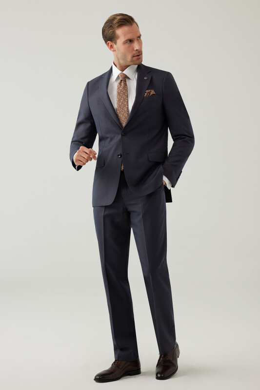 Erkek Lacivert-Kahve Kareli Klasik Takım Elbise