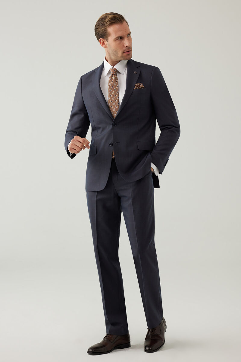 Erkek Lacivert-Kahve Kareli Klasik Takım Elbise - 4