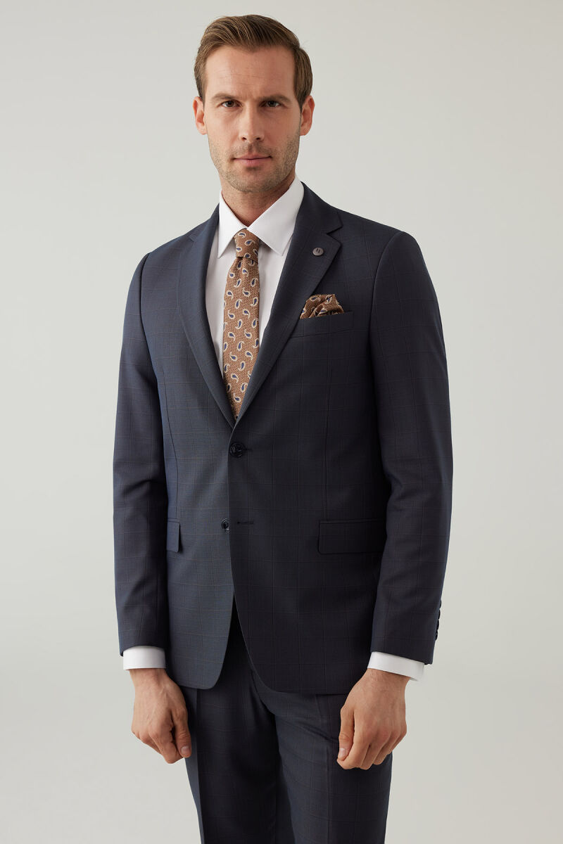 Erkek Lacivert-Kahve Kareli Klasik Takım Elbise - 5