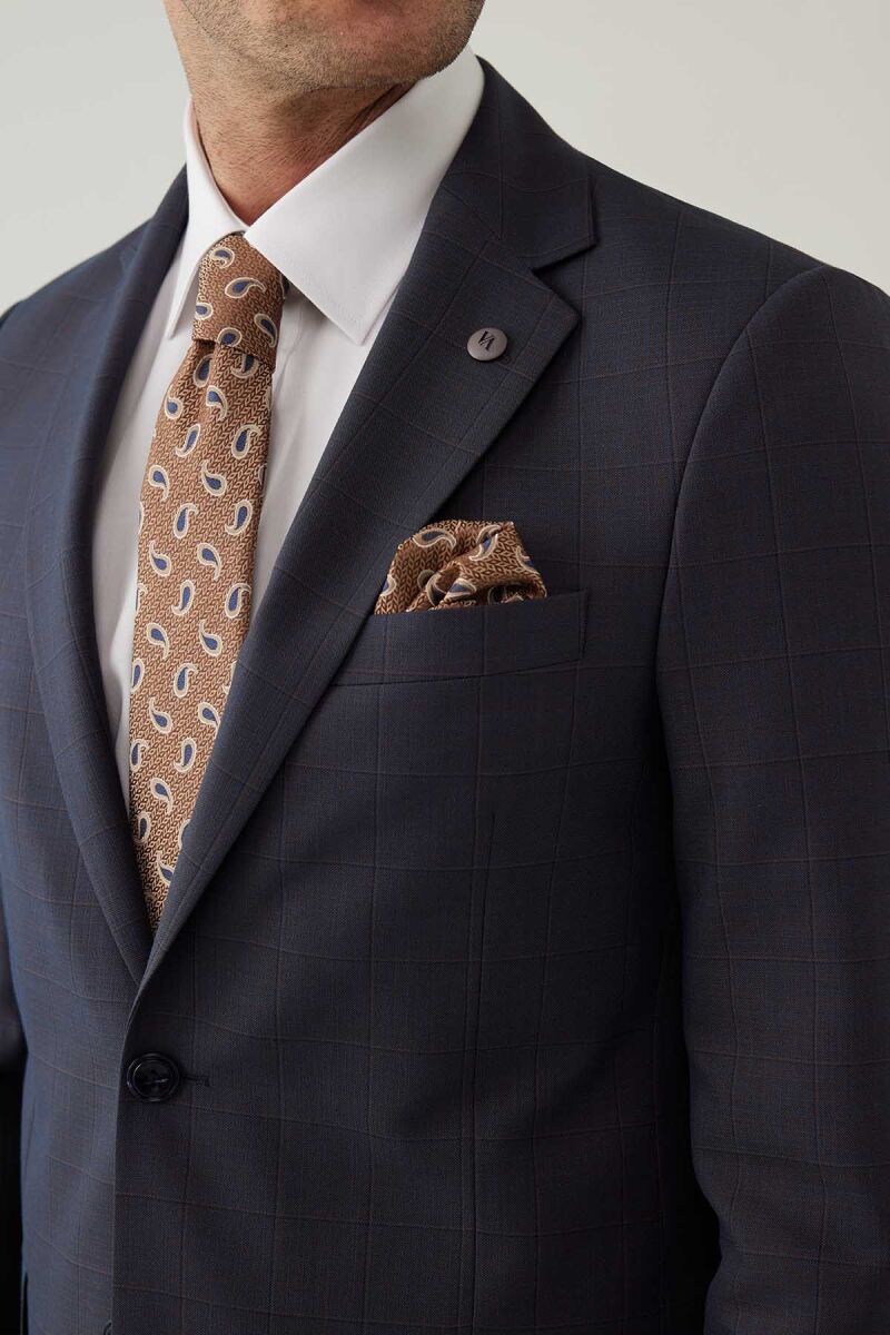 Erkek Lacivert-Kahve Kareli Klasik Takım Elbise - 6
